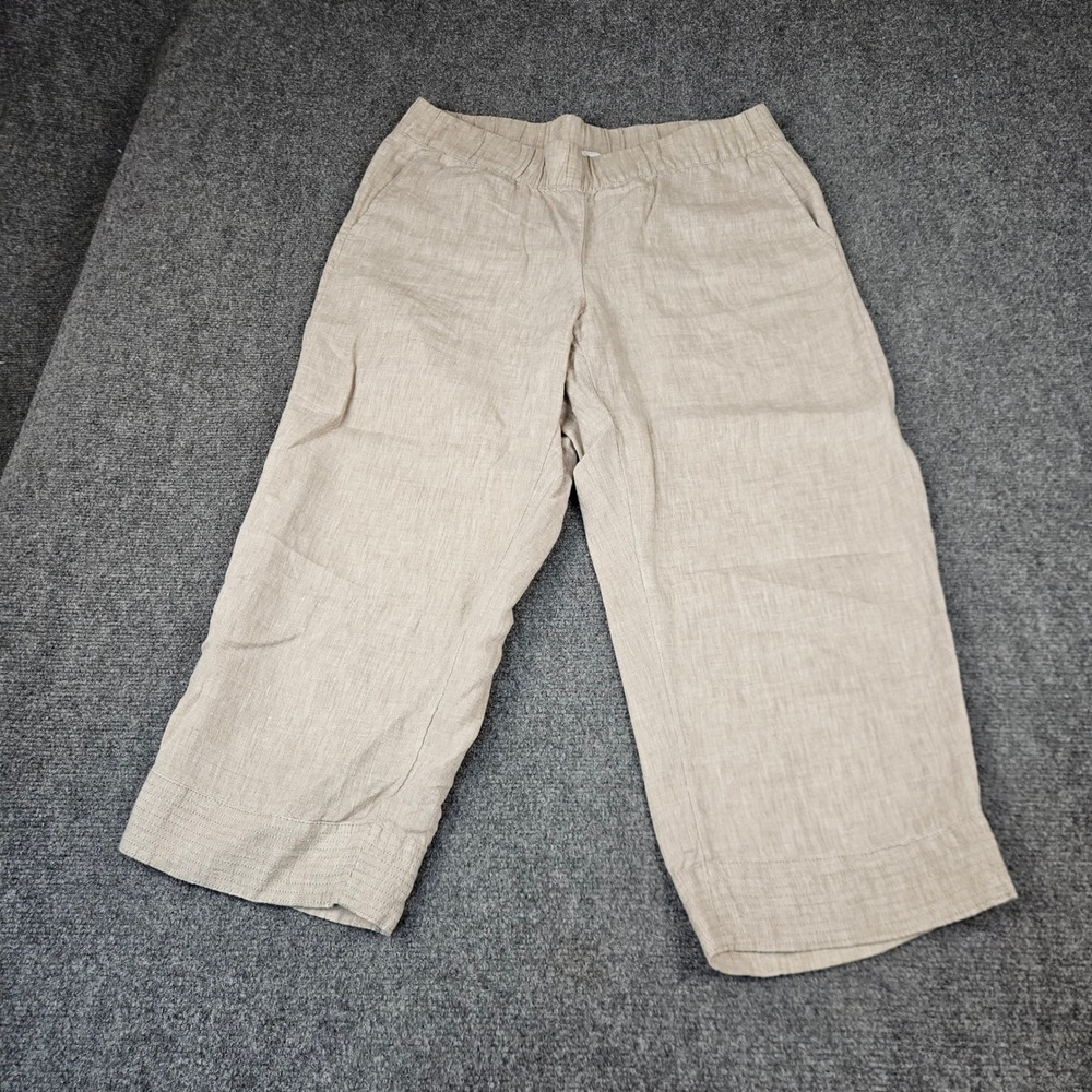 Pure Jill Linen Crop Pants Oatmeal Beige Wide Leg Elastic Waist Petite Medium